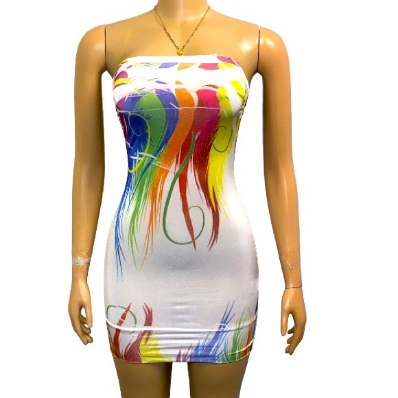 Y2K Flamingo USA Tube Dress Mini Strapless white multicolor Abstract Size S - Picture 4 of 11